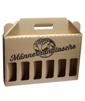 Flaschenträger-Karton 6er natur lang, bedruckt "Männerhandtasche" für 6x500ml Bierflaschen/Glasflaschen bis 65mm Durchmesser